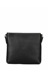 Sac à épaule en cuir noir avec une surface texturée, de forme rectangulaire, une sangle ajustable et des accents en métal argenté.