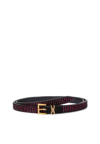 Zwarte leren riem versierd met roze rhinestones. Voorzien van een gouden metalen gesp en een elegante, gladde textuur over de hele lengte.