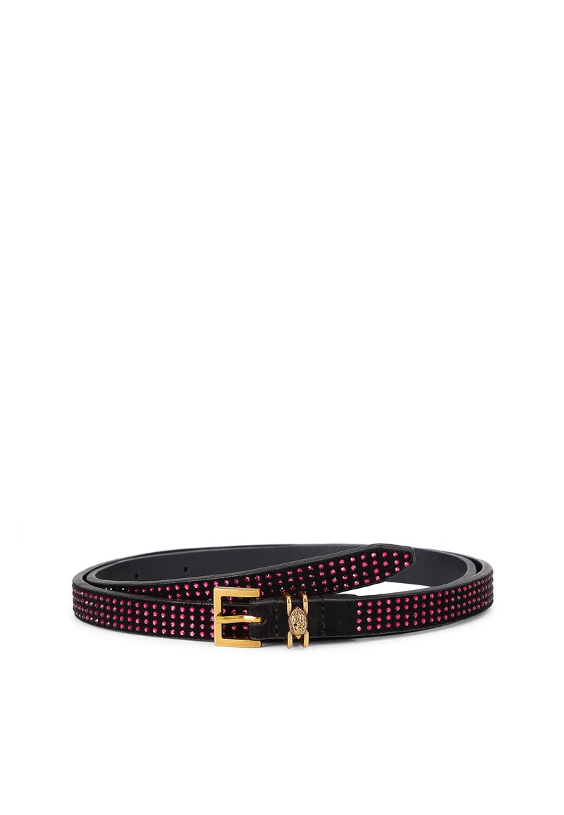 Zwarte leren riem versierd met roze rhinestones. Voorzien van een gouden metalen gesp en een elegante, gladde textuur over de hele lengte.