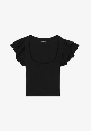 Svart kortermet topp med volangerm, med vid halsringning og tettsittende silhuett. Laget av lett, elastisk stoff.