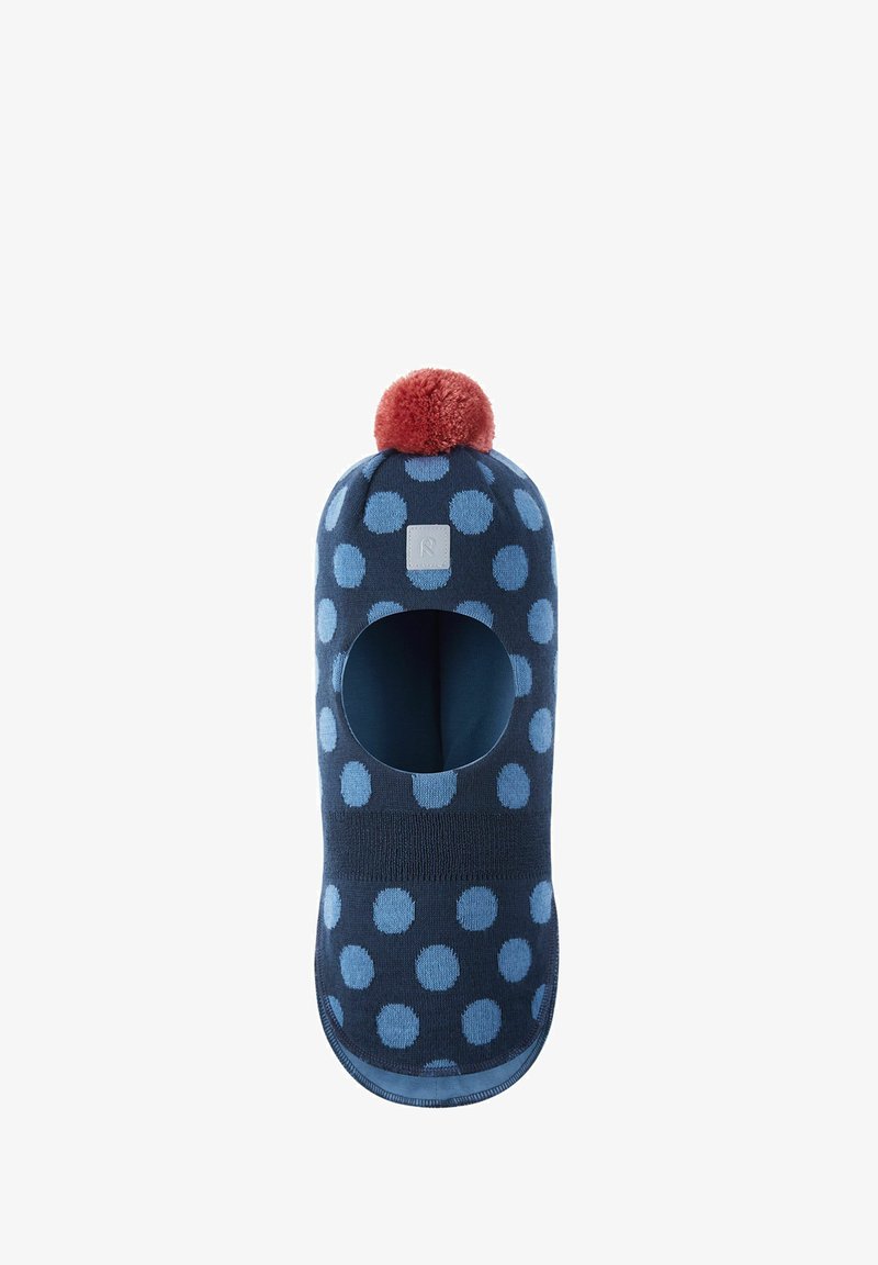 Navy blue sock with large light blue polka dots, featuring a dark red pom-pom on top and an open toe design for breathability.