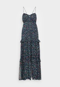 Navy floral maxi dress with thin shoulder straps, smocked bodice, and two ruffled tiers at the hem. Fabric is lightweight and sheer.