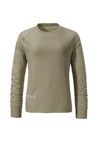 Langärmliges Shirt aus olivgrüner Baumwolle, mit einem runden Halsausschnitt, gerippten Bündchen und einem weißen Aufdruck auf der unteren linken Seite.