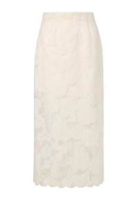 Spitzen-Midirock in Creme mit floralem Muster, ausgestattet mit einem wellenförmigen Saum und einer schlanken Silhouette. Gefüttert für Bescheidenheit und Bedeckung.