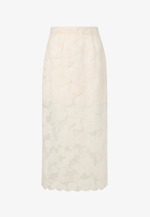 Spets-midi-kjol i krämvit med blommigt mönster, med en vågig fåll och en slimmad silhuett. Fodrad för blygsamhet och täckning.