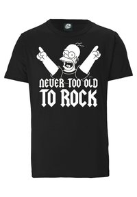 Black t-shirt featuring a cartoon character with raised arms. Text reads "NEVER TOO OLD TO ROCK" in bold, white lettering.