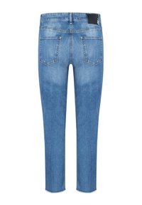 Jeans in denim azzurro chiaro con vestibilità dritta, caratterizzati da una cintura cucita, due tasche posteriori e una finitura orlo pulita.