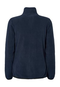 Marinblå fleecejacka med hög krage, långa ärmar och en slät yta. Ingen synlig hårdvara eller mönster.