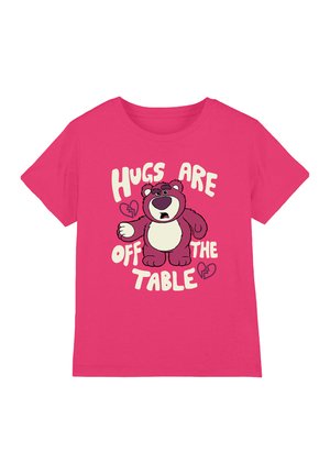 Bright pink t-shirt with a sad cartoon bear and text "Hugs are off the table" with two broken heart icons.