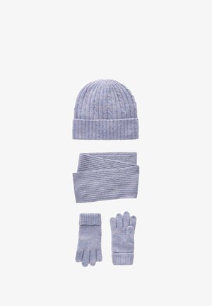 Set invernale lavorato a maglia azzurro chiaro, composto da un berretto a costine, una sciarpa texturizzata e guanti con polsini a costine. Tessuto morbido e caldo con un motivo sottile.
