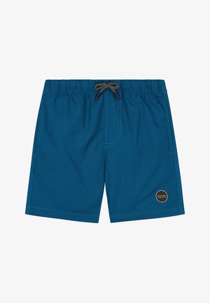 Shorts de bain bleus avec une taille à cordon de serrage, des poches latérales et une étiquette logo noire en bas à droite. Texture de tissu lisse.