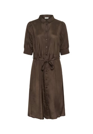 Braunes Satinhemdkleid mit kurzen Puffärmeln, durchgehender Knopfleiste und einem taillierten Waist mit smockierten Akzenten an den Ärmelabschlüssen.