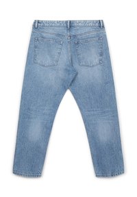 Jeans in denim azzurro chiaro con taglio dritto, caratterizzati da due tasche posteriori e cuciture in vista. La superficie è leggermente consumata con una finitura morbida.