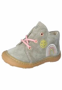 Szare skórzane botki z różowymi sznurowadłami, zdobione haftem słońca i tęczy, okrągły nosek oraz gumowa podeszwa. Teksturowane wykończenie z detalami przeszycia.