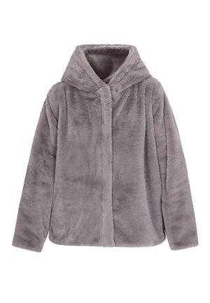 Felpa con cappuccio in pelliccia sintetica grigia, dal tessuto morbido, con un grande cappuccio, chiusura frontale e maniche lunghe. Design senza cuciture e vestibilità comoda.
