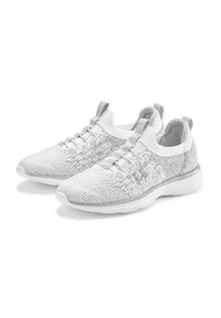 Lightweight athletic shoes in white and gray knit material, featuring a textured pattern, elastic laces, and a cushioned sole.