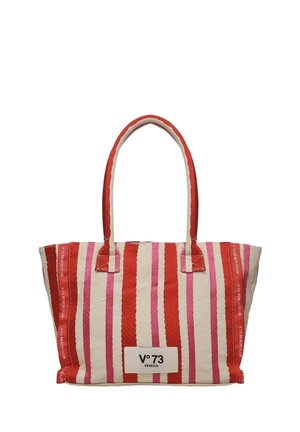 Canvas tote bag with vertical red and pink stripes, red handles, and a label reading "V°73 Venezia" on the front center.