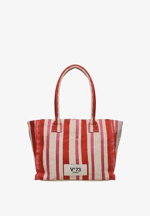 Sac fourre-tout en toile avec des rayures verticales rouges et roses, des poignées rouges, et une étiquette portant l'inscription "V°73 Venezia" au centre avant.