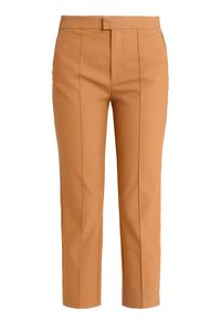 Tan tailored trousers with a smooth texture, mid-rise waist, and pressed creases, featuring a front zip closure and side pockets.