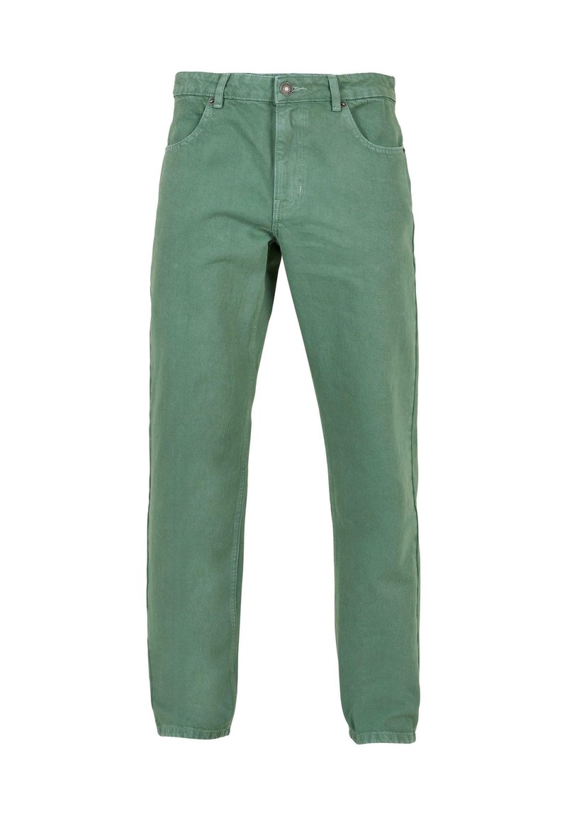 Pantalones de algodón verdes con un diseño de pierna recta, estilo de cinco bolsillos y cierre con botones. Textura suave sin patrones visibles ni herrajes.