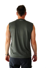 Gray sleeveless shirt with a smooth texture and a rounded neckline. Features the brand name "Joluvi" near the collar.