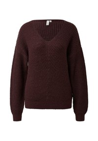 Bordowy sweter z dzianiny z dekoltem w serek, o grubej fakturze, opuszczonych ramionach i długich rękawach. Ściągacze na mankietach i u dołu.