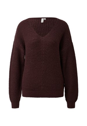 Bordeauxrode gebreide trui met een V-hals, groffe structuur, doorgezakte schouders en lange mouwen. Geribbelde manchetten en zoom.