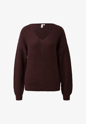 Bordeauxroter Strickpullover mit V-Ausschnitt, grober Textur, überschnittenen Schultern und langen Ärmeln. Gerippte Bündchen und Saum.