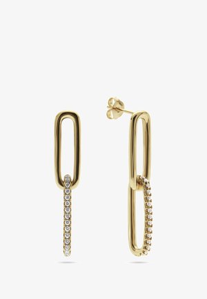 Gouden rechthoekige oorringen met één zijde versierd met kleine ronde diamanten, weergegeven tegen een witte achtergrond.