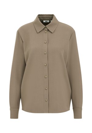 Camicia a maniche lunghe con bottoni in morbido tessuto beige. Presenta un colletto classico, chiusura frontale con bottoni e orlo arrotondato con polsini abbottonati.