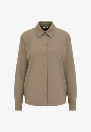 Cămașă cu mâneci lungi și nasturi, dintr-un material bej deschis, moale. Are guler clasic, închidere frontală cu nasturi și tiv rotunjit cu mansete cu nasturi.