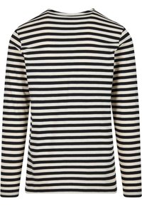 Chemise à manches longues avec de larges rayures horizontales noir et blanc. Fabriquée en tissu doux, avec un col arrondi et une coupe droite.