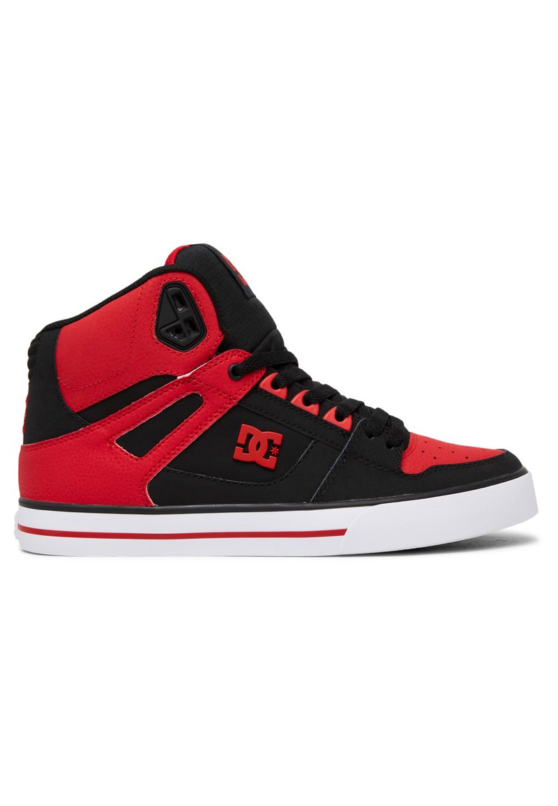 High-top sneaker in red and black synthetic material. Features perforated accents, black laces, white sole, and DC logo on the side.