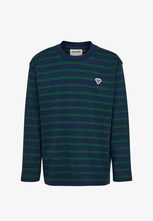 Langärmliges Hemd in Marineblau und grünen Streifen, aus Baumwolle gefertigt. Verfügt über einen Rundhalsausschnitt und ein kleines Logo auf der Brust.