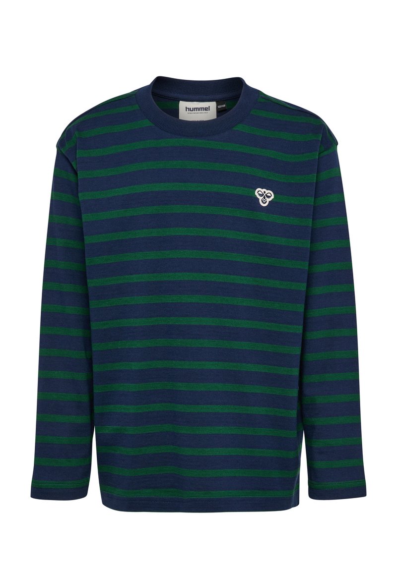 Långärmad skjorta i marinblå och gröna ränder, tillverkad av bomull. Har rund hals och en liten logotyp på bröstet.