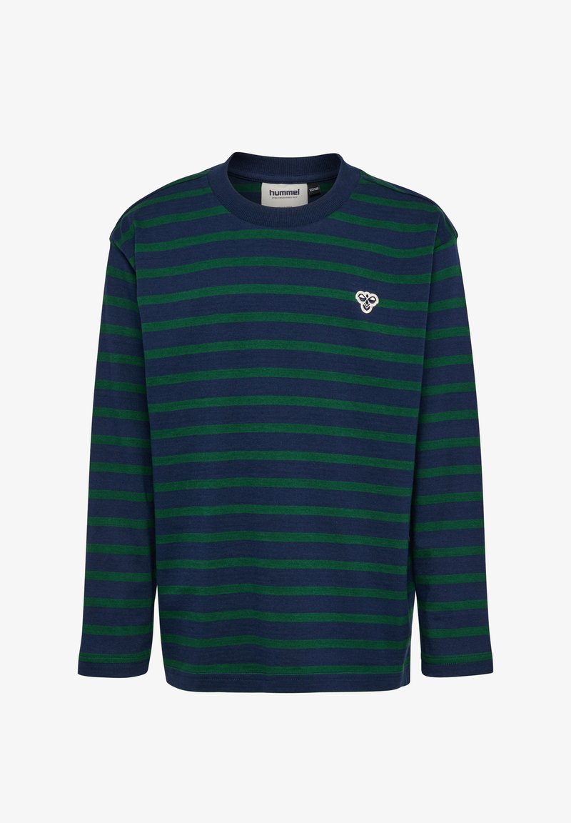 Chemise à manches longues rayée bleu marine et verte, en coton. Dotée d'un col rond et d'un petit logo sur la poitrine.