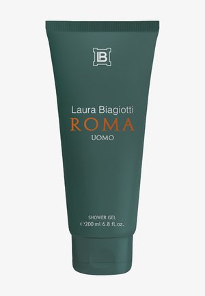 Gel douche Laura Biagiotti Roma Uomo, tube vert foncé avec texte orange et blanc, taille 200 ml.