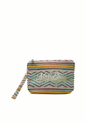 Piccola pochette da polso rettangolare in tessuto con motivi zigzag colorati e dettagli con perline, ricamata con "Marc Ellis" sul davanti.