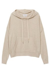 Sudadera beige con capucha, mangas largas, bolsillo frontal y cordón ajustable. Tejido texturizado con puños y dobladillo acanalados. Diseño informal.