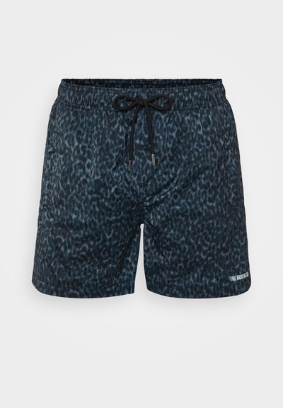 Men's swim shorts in dark blue with a leopard spot pattern. Made from lightweight fabric, featuring an elastic waistband and drawstring.