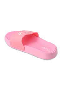 Różowa gumowa klapka z szerokim paskiem, teksturowaną podeszwą i grafiką uśmiechniętej buźki na pasku. Miękki materiał i gładkie wykończenie.