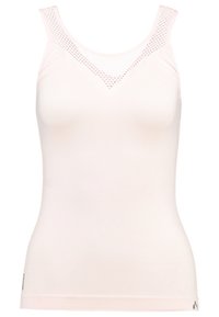 Ljust rosa ärmlös linne i mjukt material, med en meshdesign vid halsringningen och en figurnära silhuett.