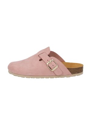 Pink suede clog with a single metallic buckle and cutout detail. Features a brown cork footbed and a light beige rubber outsole.