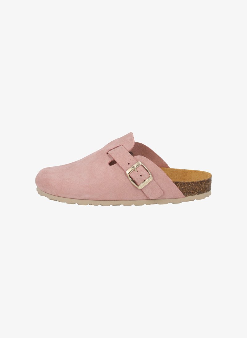 Rosa Wildleder-Clog mit einer einzelnen metallischen Schnalle und Ausschnitt-Detail. Verfügt über ein braunes Korkfußbett und eine hellbeige Gummisohle.