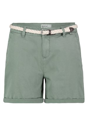 Green linen shorts with a woven beige belt, turn-up cuffs, and front pockets. Soft texture, casual design, suitable for warm weather.