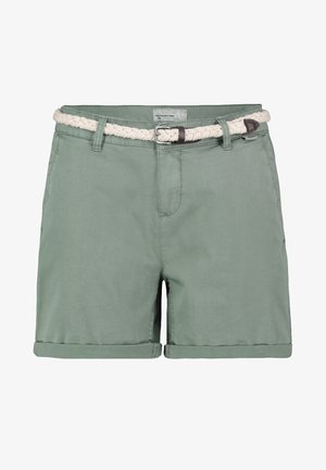 Groene linnen shorts met een geweven beige riem, opgerolde manchetten en voorzakken. Zachte textuur, casual ontwerp, geschikt voor warm weer.