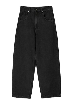 Pantaloni largi din denim negru cu talie înaltă, dotati cu cinci buzunare, fermoar și închidere cu buton metalic. Textură netedă, detalii minime.