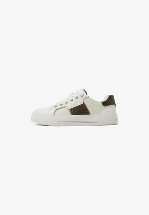 White sneakers with brown patterned accents, metallic hardware, and a textured side panel. Rubber sole and lace-up design.