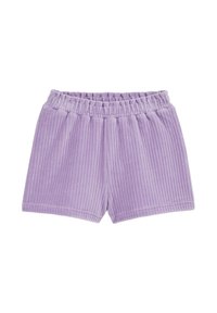 Pantaloni corti viola a coste con elastico in vita. Tessuto morbido, lunghezza corta e sottili linee verticali creano un aspetto testurizzato.