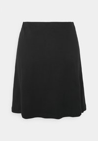 Falda negra en línea A hecha de tejido suave, con una textura lisa, una cinturilla sencilla y una longitud por encima de la rodilla. Sin patrones ni decoraciones.